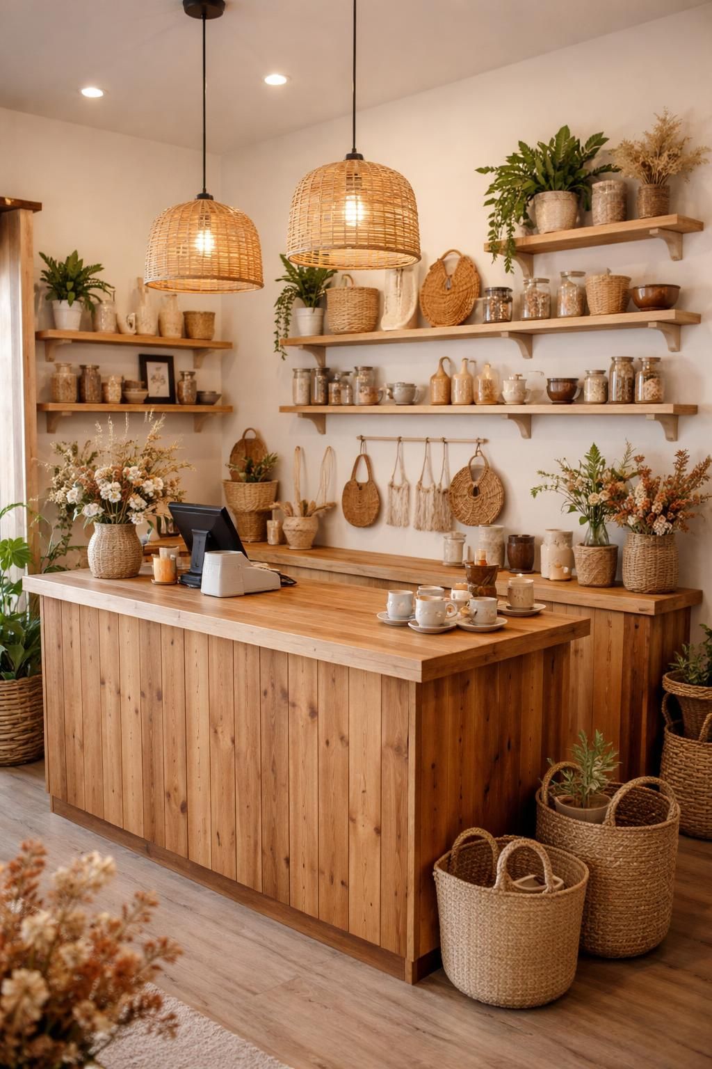 découvrez comment installer une boutique artisanale élégante en combinant un comptoir en bois massif avec des étagères murales ikea pour un espace chaleureux et fonctionnel.