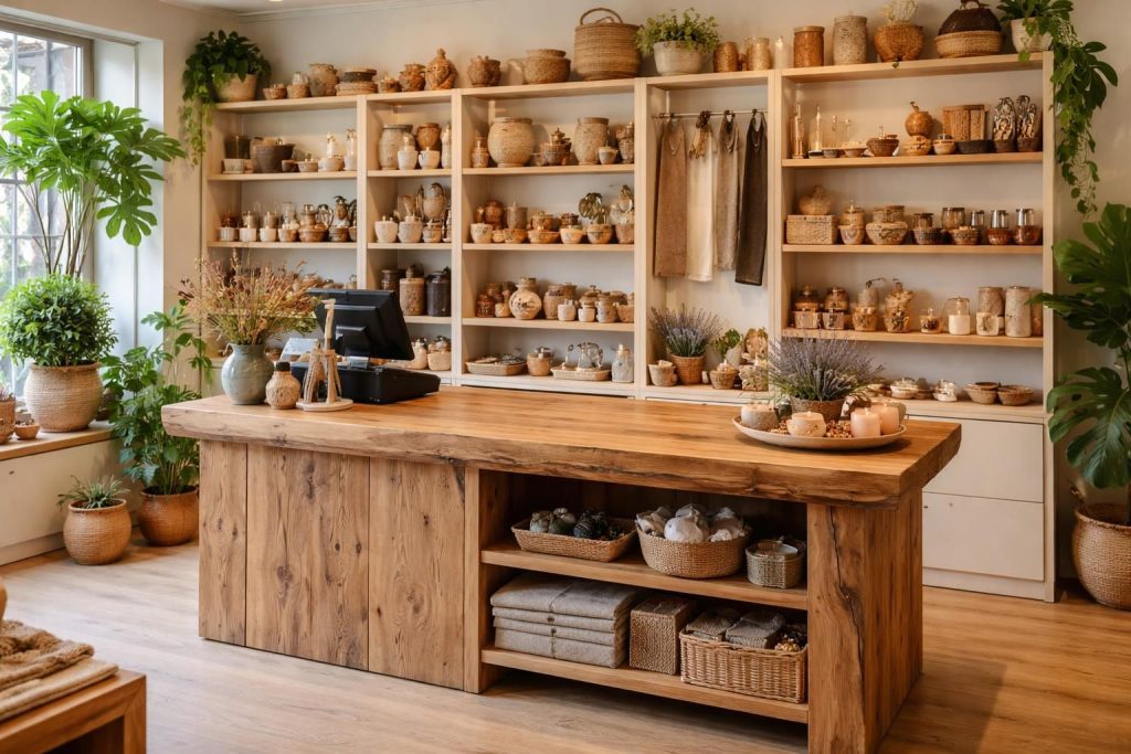 Installer une boutique artisanale avec comptoir en bois massif et étagères murales Ikea