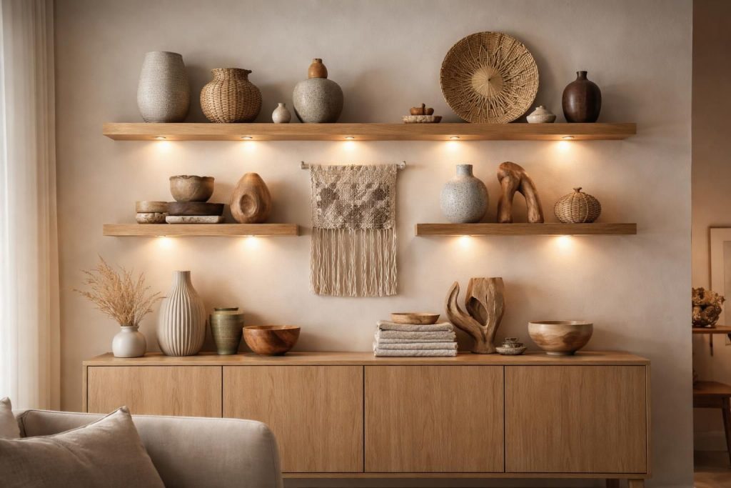 Mettre en valeur des créations artisanales dans votre intérieur avec étagères murales et éclairage LED ciblé